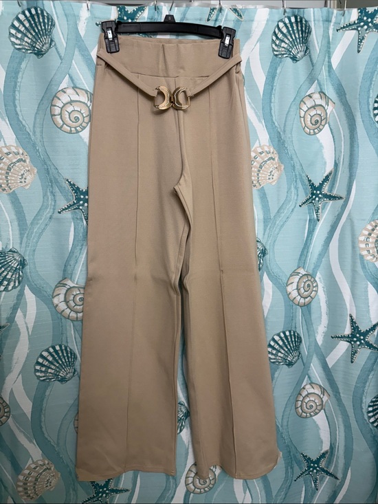 Ohana Pants - Wide-Leg High-Waist Pants with Decorative Buckle - Beige